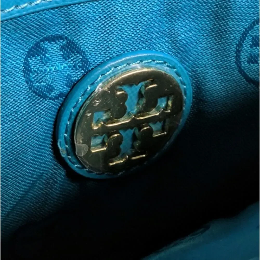 Tory Burch Robinson Envelope Clutch Saffiano Leather Pocket Chain Turquoise Blue